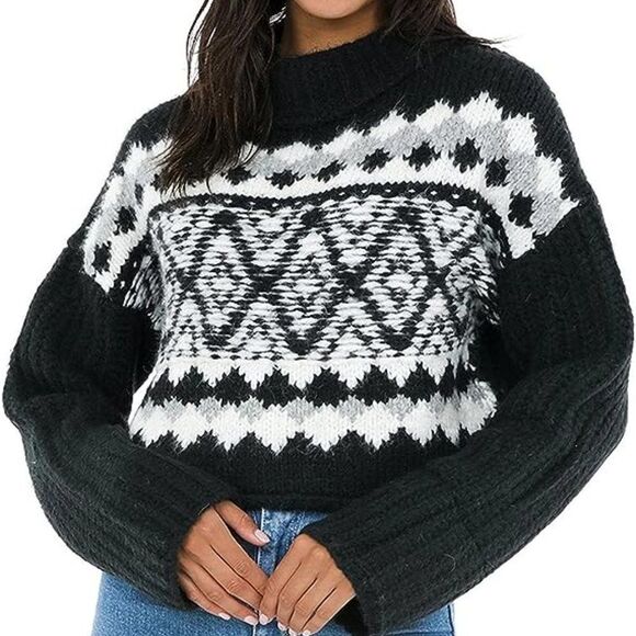 FREE PEOPLE ONYX COMBO SWEATER ALPINE PULLOVER WOOL MOCK NECK FLARE SLEEVE NWT - Picture 2 of 9